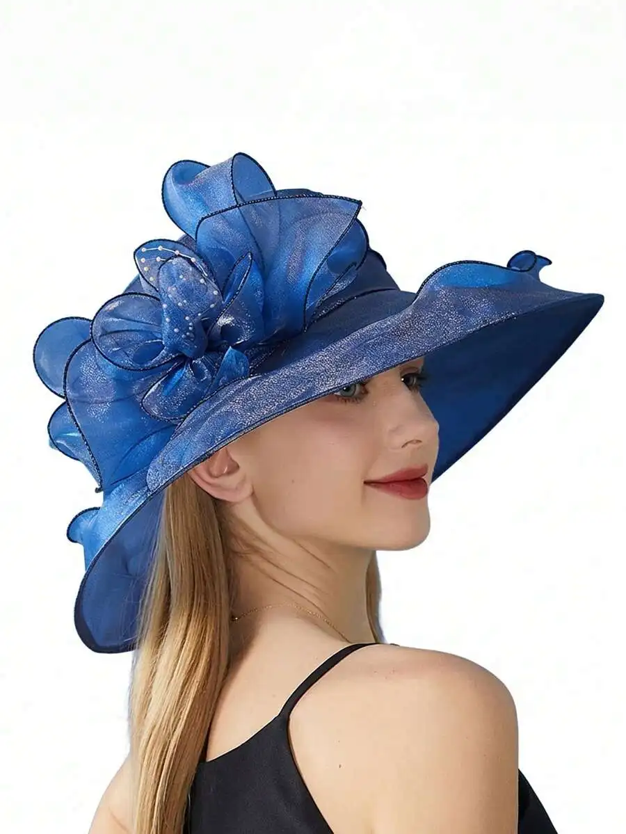

Womens Elegant Floral Blue Church Hat With Large Flower Decor, Breathable For Banquet Sun Protection
