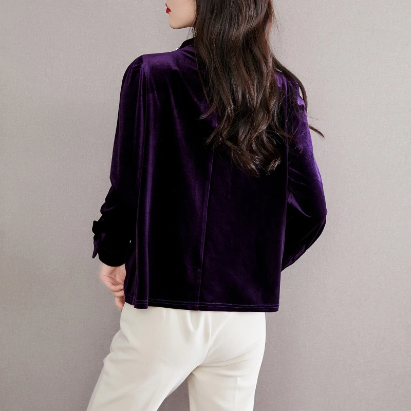 Fashion Corduroy Women's Blouse Vintage Pleated Turtleneck Long Sleeves Ladies Tops Chic Elegant Blouses Luxury Women's Clothing