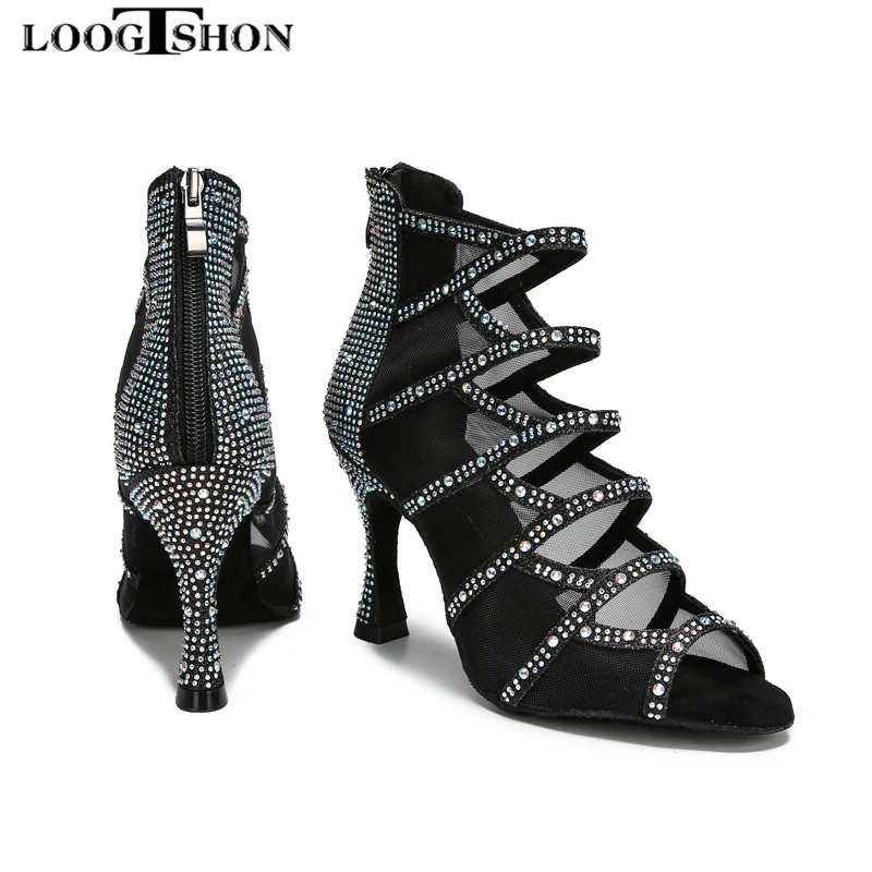 LOOGTSHON-zapatos de tacón para mujer, sandalias plateadas con plataforma, con diamantes de imitación, para baile en interiores