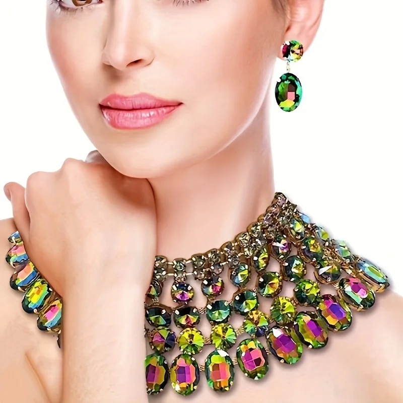 Best Lady 3 Pc Luxurious Exaggerated Style Full of Rhinestone Necklace Earrings Set For Birthday Parties Multiple Color Options