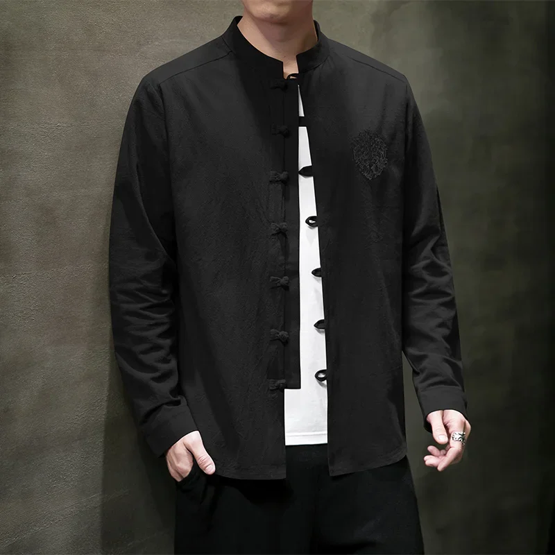 2025 Spring New Men Chinese Style Cotton Linen Shirt Men Solid Color Loose Shirts Traditional Kung Fu Tai Chi Hanfu Shirt