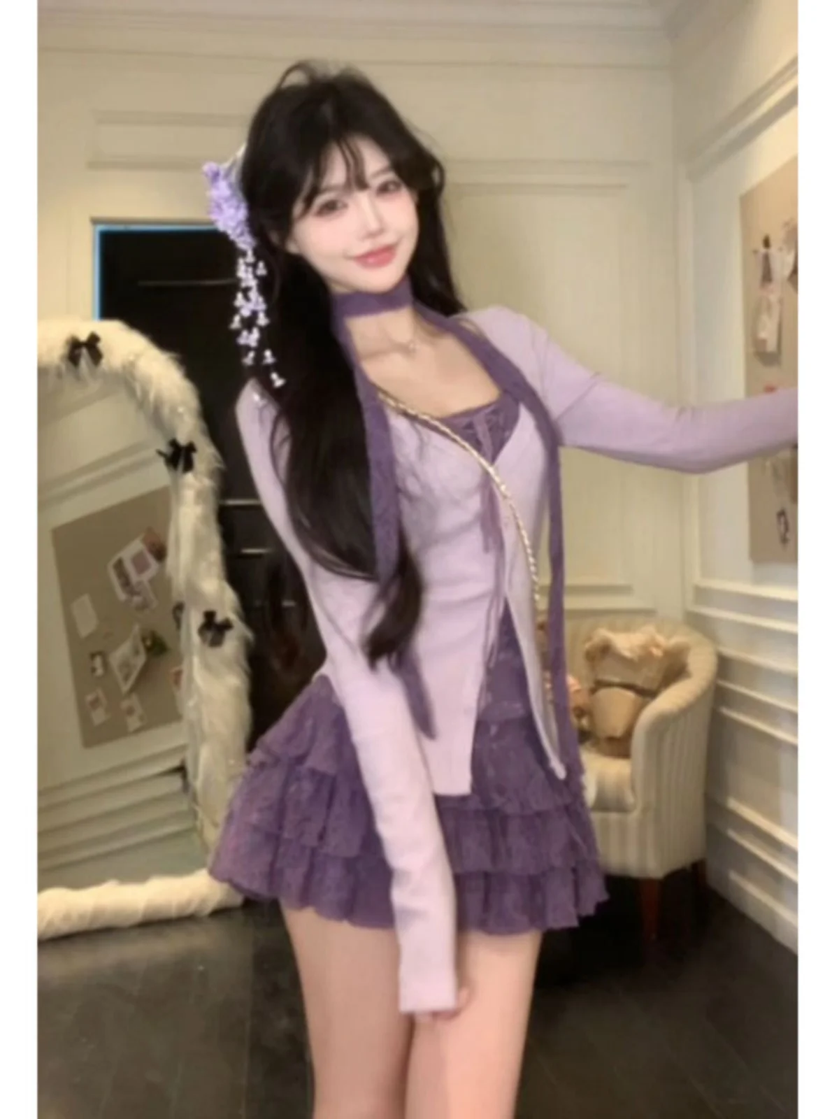 

Sexy Knitted Open Cardigan And Skirt Two-Piece Set Comfortable Cotton Material Short Sleeve round Neckline for Spring