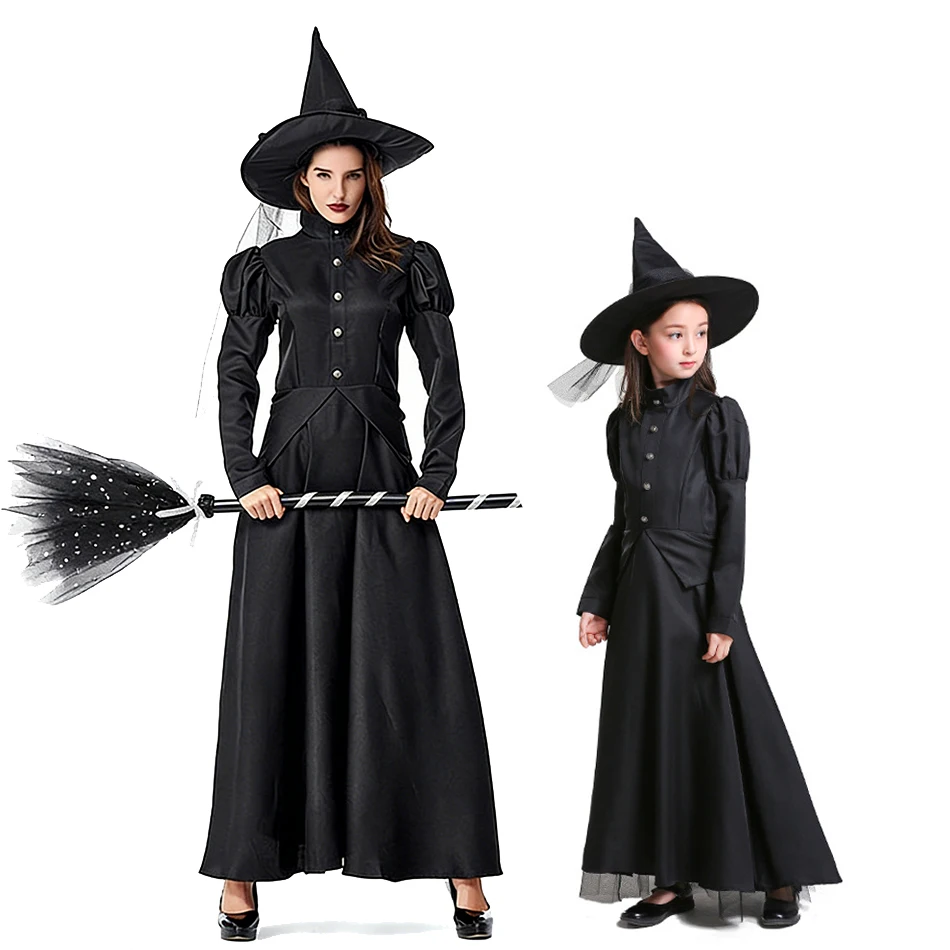 

Костюм ведьмы на Хэллоуин для взрослых и детей, одинаковое черное длинное платье с шляпой ведьмы, костюм для косплея родителей и детей для карнавала