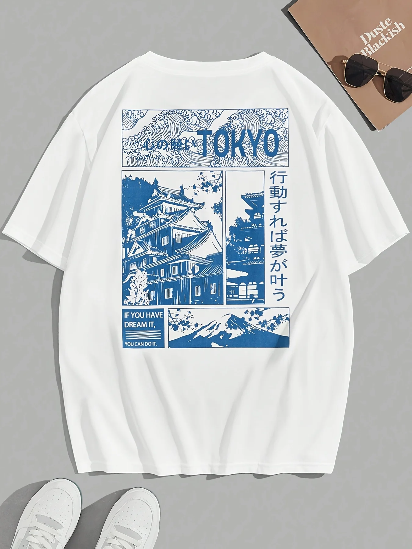 

Мужская повседневная футболка с короткими рукавами Tokyo Skyline Japan Architecture и графическим принтом, белая с синими буквами для активного отдыха