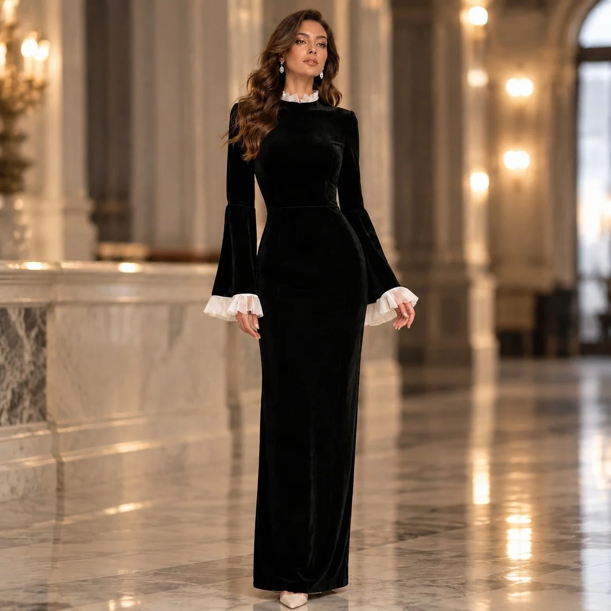 Pleated Long Sleeve Gown Maxi Length Elegant with Ruffle Floor Length Dress Long Sleeves Elegant Party Dresses for Women