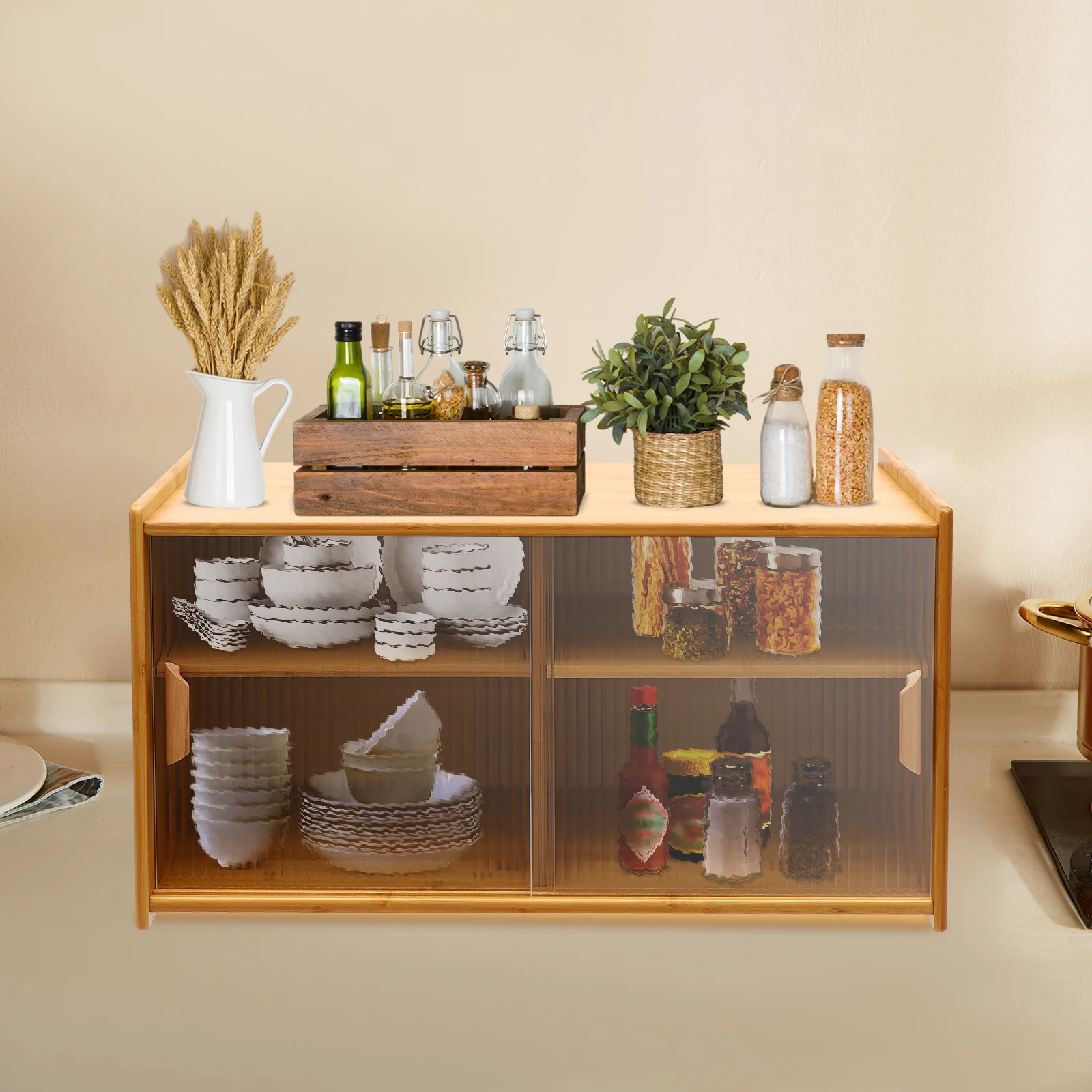 

Burlywood Bamboo Tempered Glass 30.3x11x15.4 Inch Wall-hung Sideboard Adjustable Laminated Kitchen Storage Cabinet