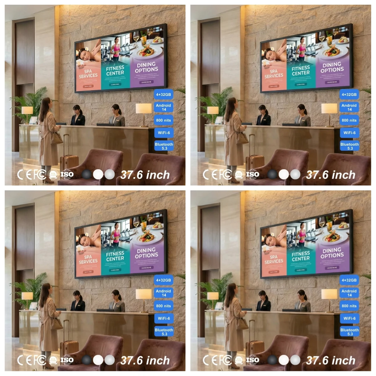 37.6 Inch Stretched Bar Screen Android 14 4+32GB WiFi-6 High Brightness 800 Nits Digital Signage for Hotel Lobby