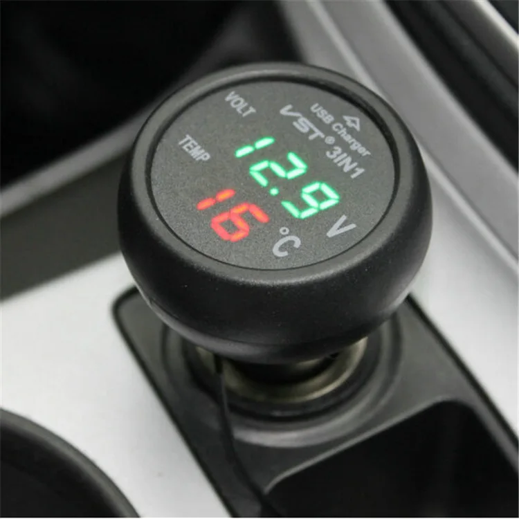 Compact 3-in-1 Auto Voltage Temperature Monitor with USB 5V 2.1A Charger for Car Truck 12V 24V