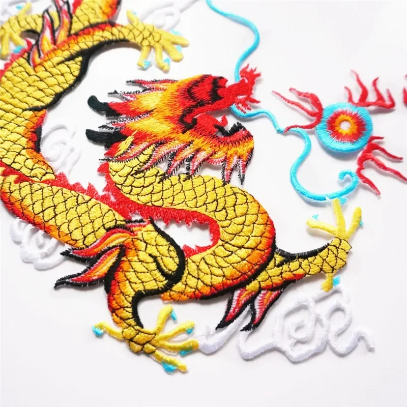 2PCS Embroidered Patches Gold Dragon Plays Pearl 25CM Sew Iron On Badges For Bag Jeans Hat T Shirt DIY Appliques Craft Decor