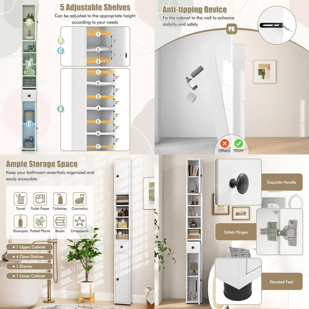 

Slimline 71 Tall Storage Cabinet with 1 Drawer, 2 Doors, 5 Shelves, Anti-Tip Feature for Bathroom, Office, Kitchen