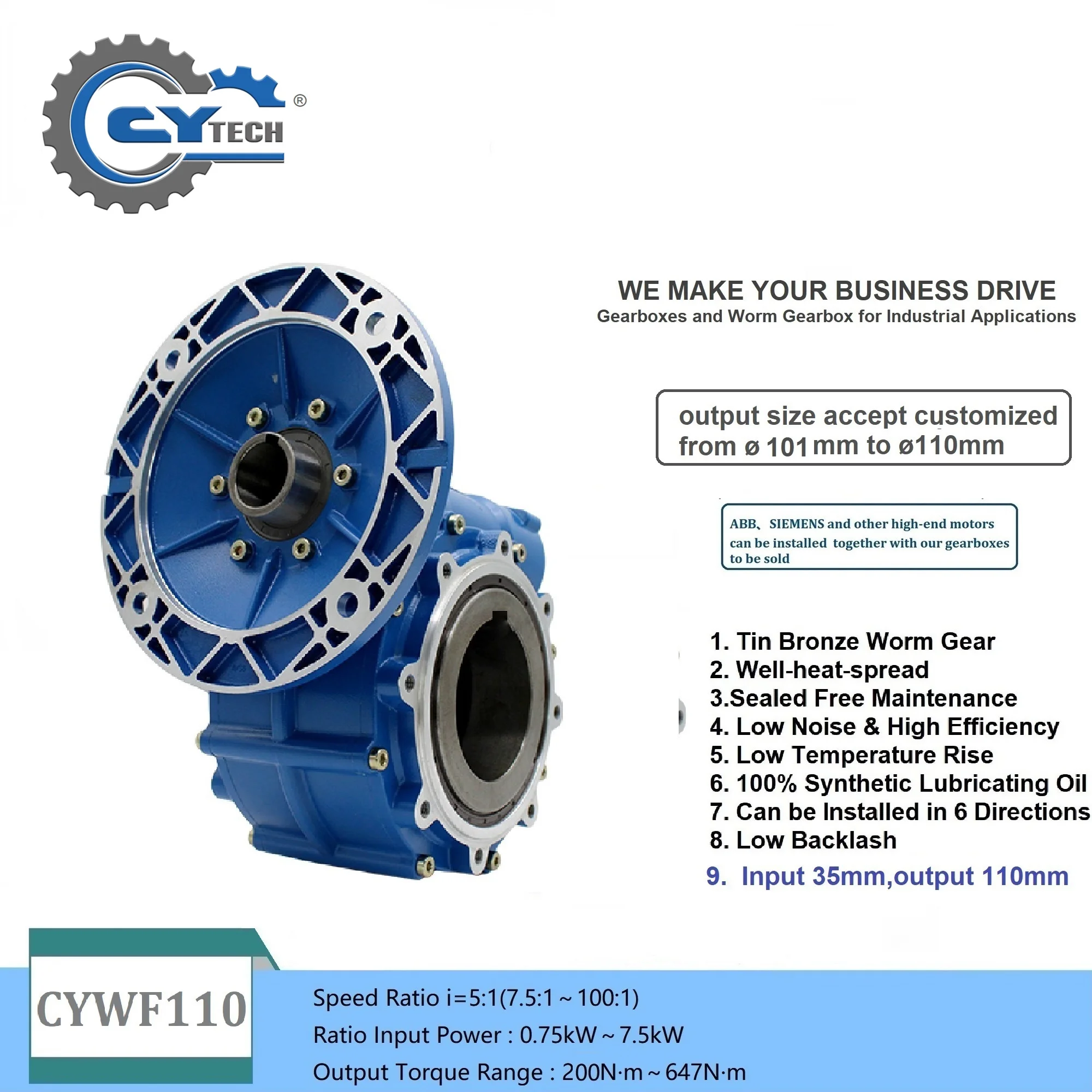 CHENYUE  Output hole 110mm  Worm Gearbox CYWF110 Input 35mm Ratio 5:1/100:1 Free Maintenance Motor 0.75-7.5KW Torque 200-647N.m