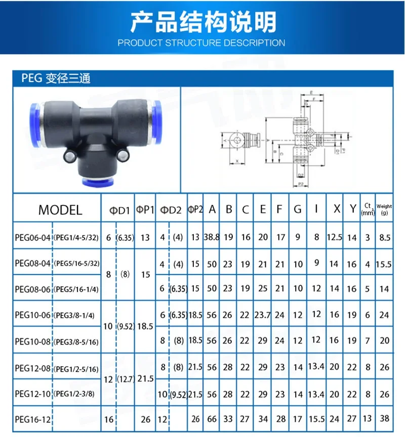 Pneumatic Quick Connect Coupler T-Type Reducer Fitting G1/8-G1/2 for Air Tools/Compressor with 50K Cycle Life