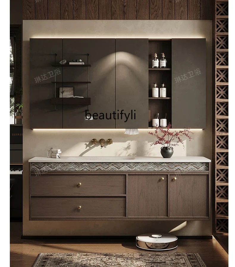

Medieval walnut bathroom cabinet rock slab hot bending integrated basin combination washbasin sink45