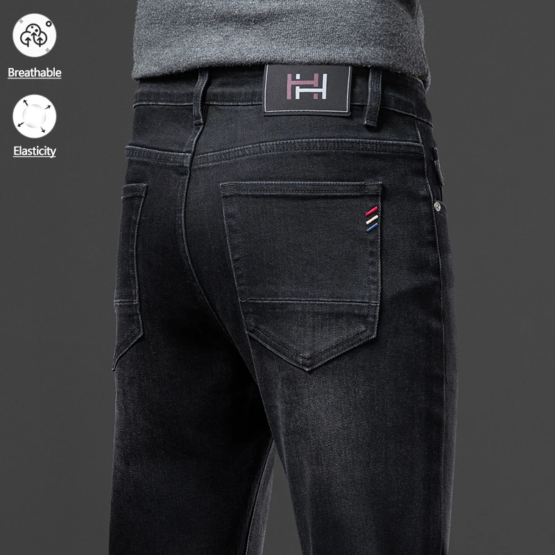 Autumn New Men's Elastic Straight Jeans Fashion Korean Slim Retro Casual Trousers Classic Blue Gray Business Work Denim Pants