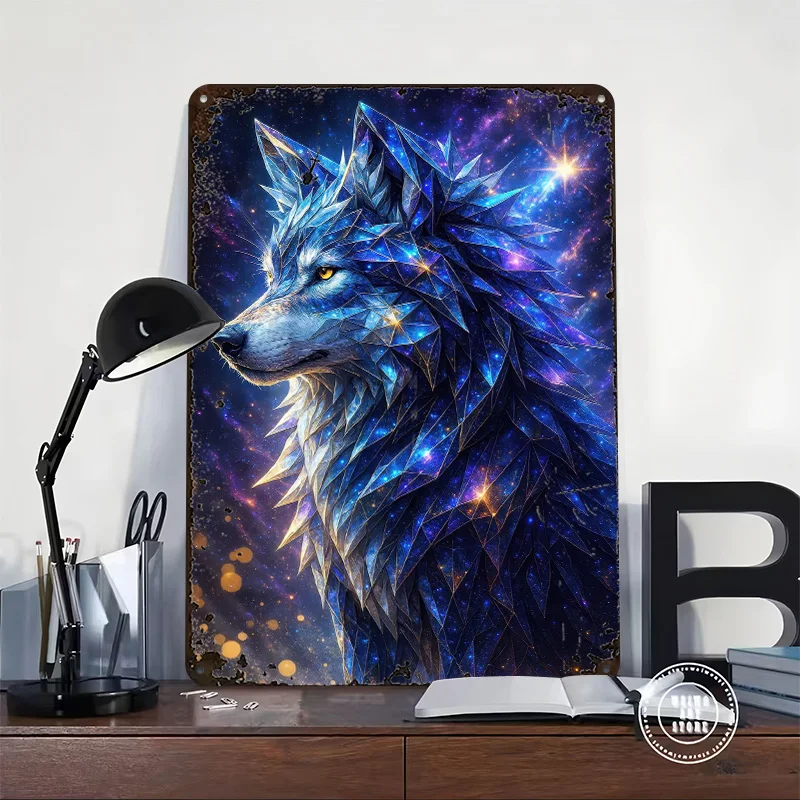 Crystal Wolf in Cosmic Space 3D Texture Metal Poster Customized Wall Art Tin Sign Gift for Mancave Home Decorations Living Room