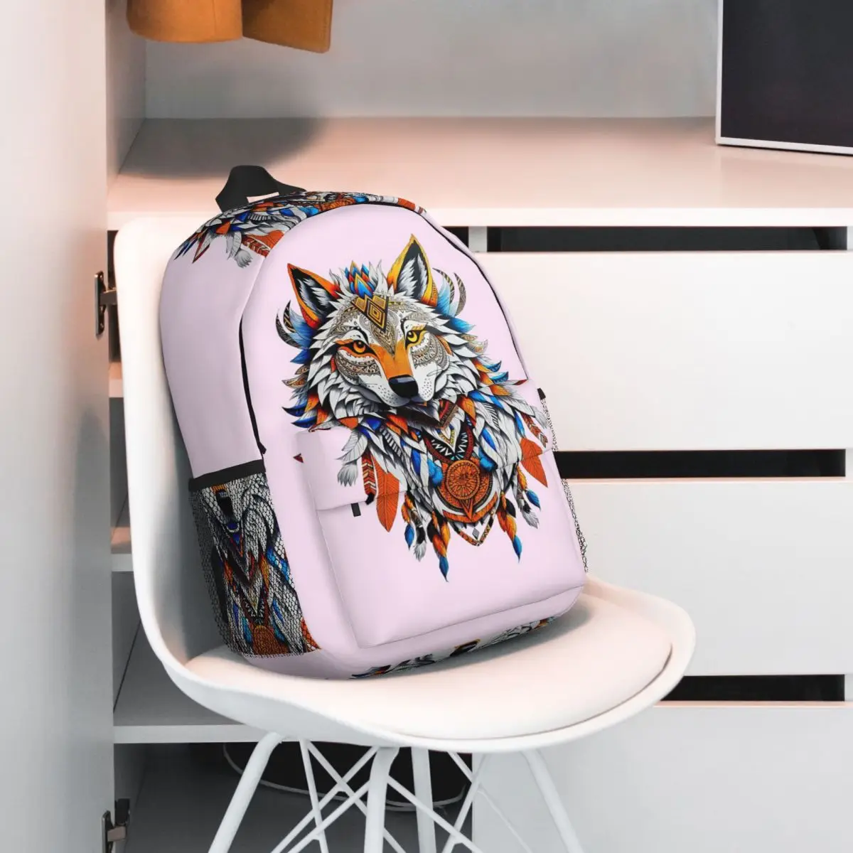 Ethnic Wolf Tradition Wolf Feather Backpack Student BookBag Kids School Bag Computer Shoulder Bags for Boys Girls