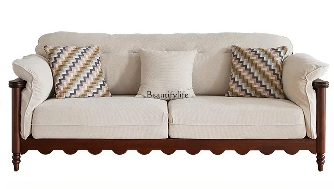 

French retro solid wood fabric sofa three-person combination Xiaomei style log furniture