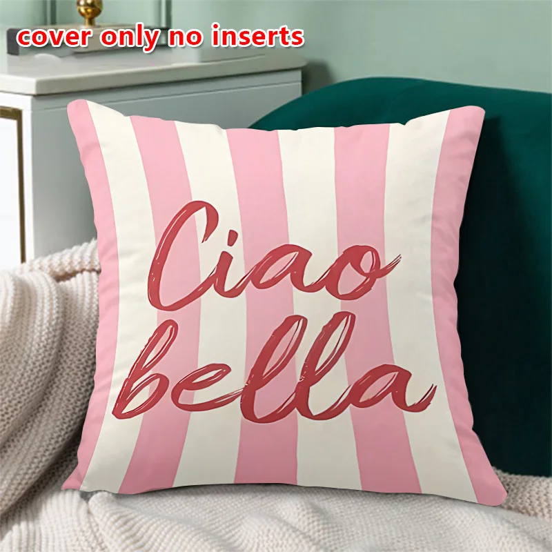 Vintage Ciao Bella Striped Double Sided Cushion Cover, Retro Italian Graphic Pillowcase for Home Sofa Bedroom Decor, 1PC