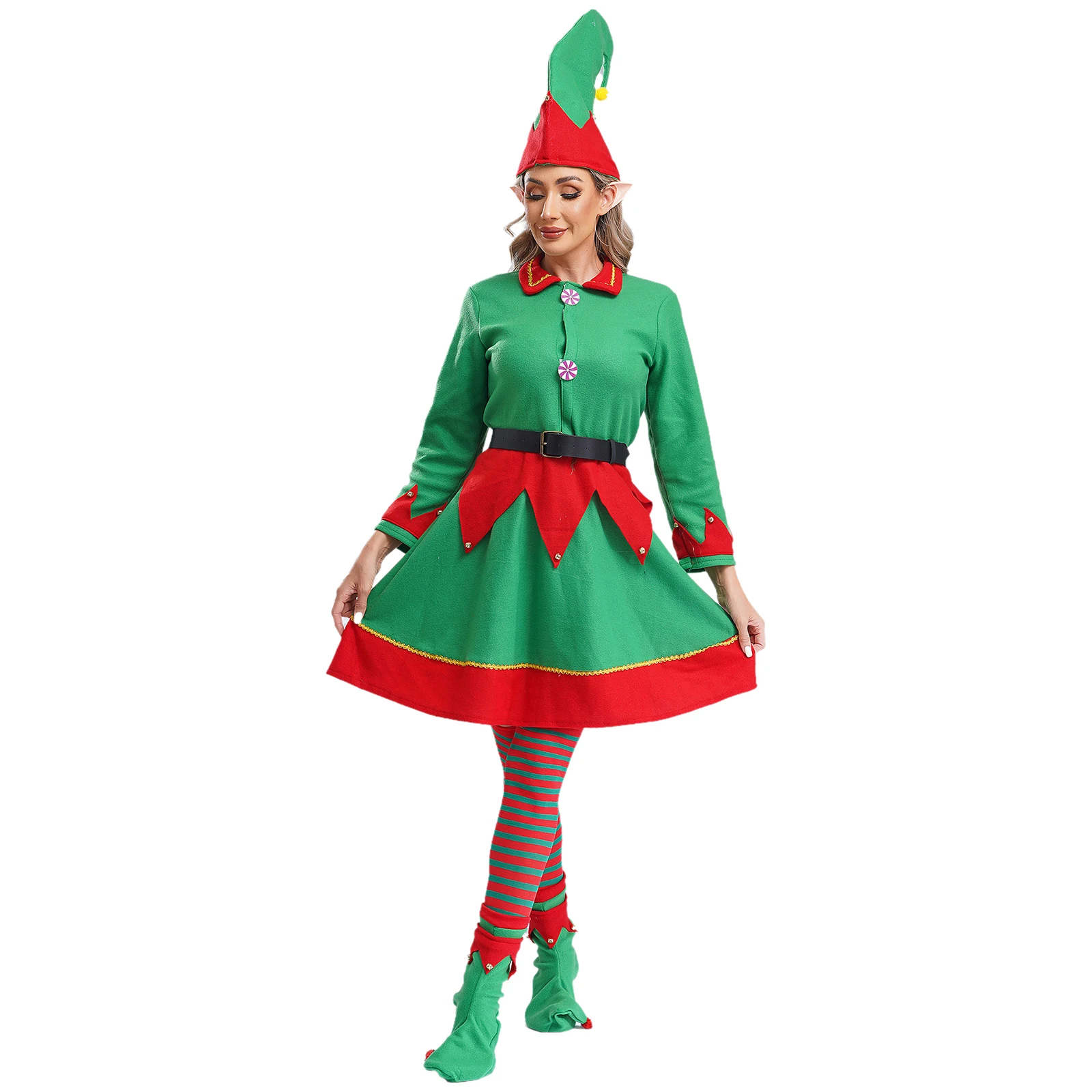 Feminino natal elfo cosplay traje santa ajudante traje flanela vestido de veludo com chapéu orelhas elfo sapatos cinto e meias conjunto