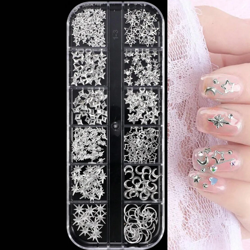 12 Rejillas de Mini Adornos Metálicos para Uñas, Hexagramas de Cobre, Cruz Plateada, Estrellas, Remaches, Dijes para Uñas, DIY Y2K, Brillantina, Accesorios de Joyería para Manicura