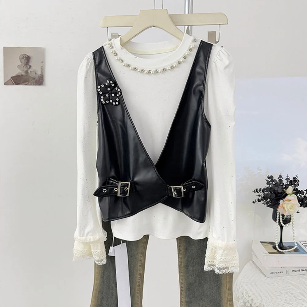 

Новый женский свитер-пуловер из искусственной кожи с отделкой стразами, в стиле пэчворк, с длинными рукавами, нишевый дизайн