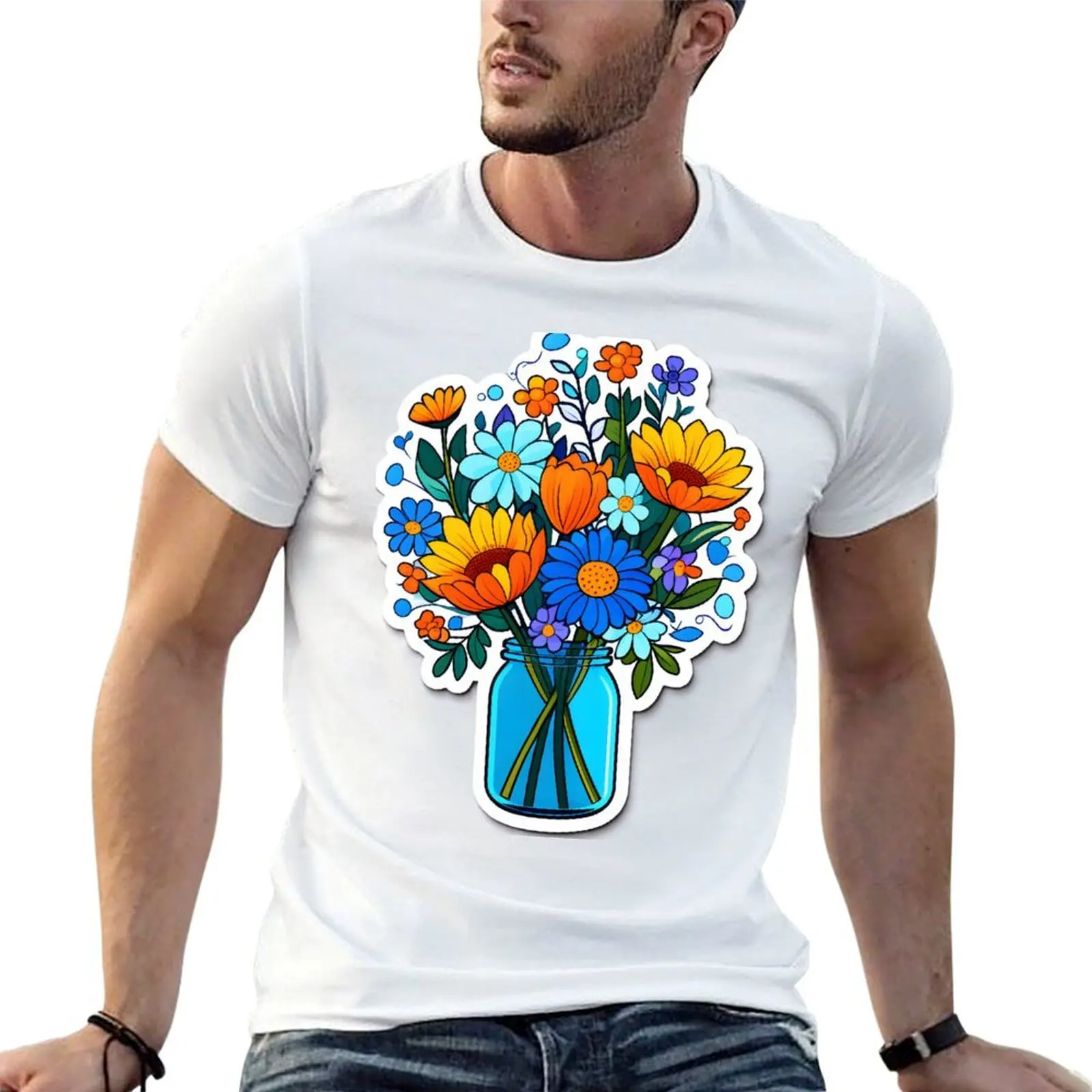 farm flowers in a mason jar T-Shirt korean fashion for a boy Short sleeve tee men