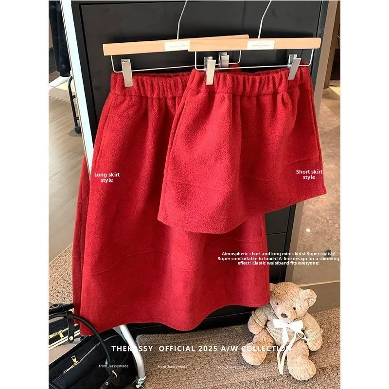 Red Woolen High Waist Loose Fit A-Line Skirt Korean Style Warmth Half Body Skirts for Young Women Daily Wear Spring Season