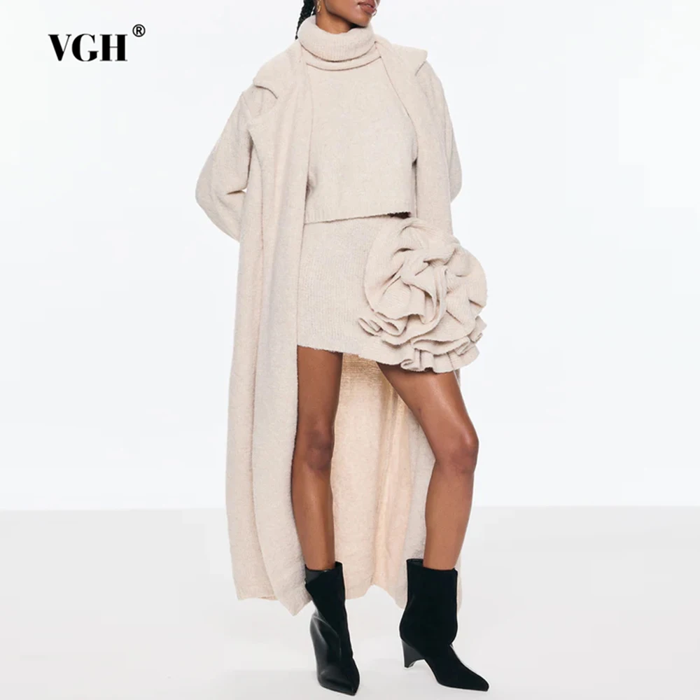 VGH Casual Three Piece Sets For Women Lapel Long Sleeve Coat Turtleneck Sleeveless Top High Waist Skirt Sexy Set Female Fashion