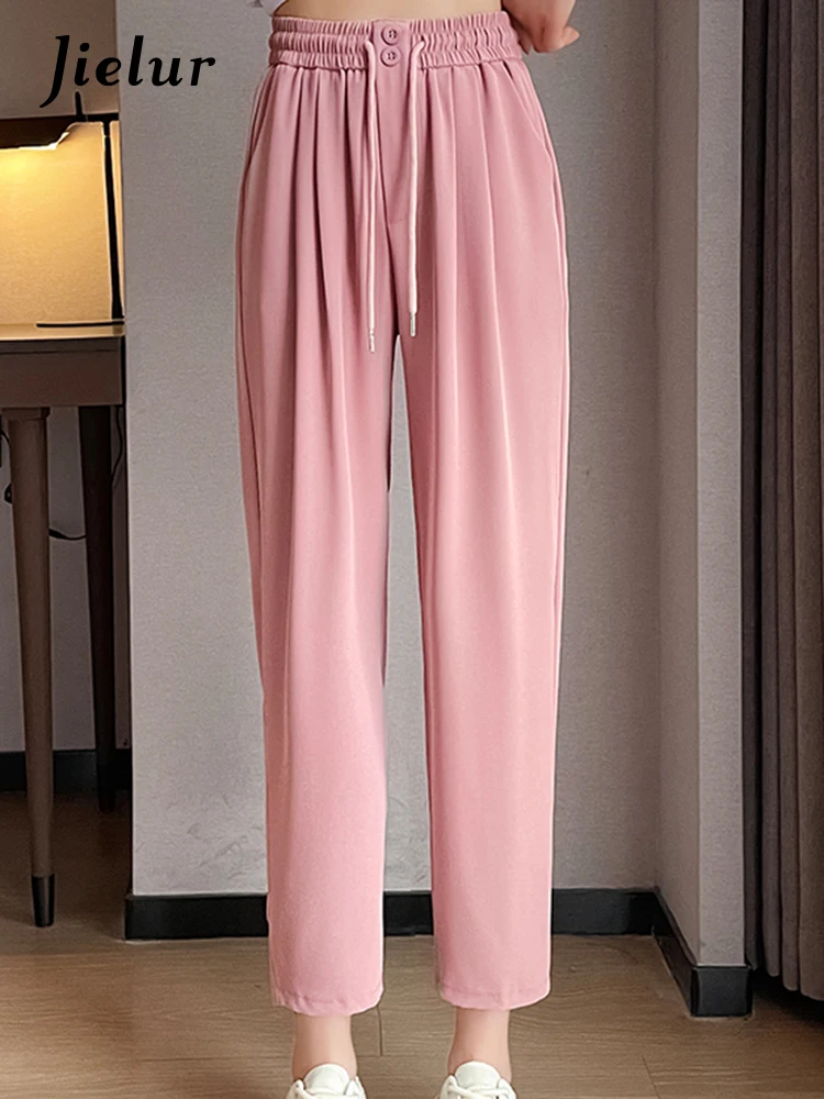 

Jielur High Waist Slim Pink Casual Women Pants New Fashion Drawstring Solid Color Lace-up Simple Female Pants Chic Office Ladies