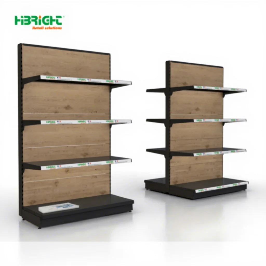 

Highbright Wooden Color Back Panel Display Rack Grocery Store Gondola Shelving
