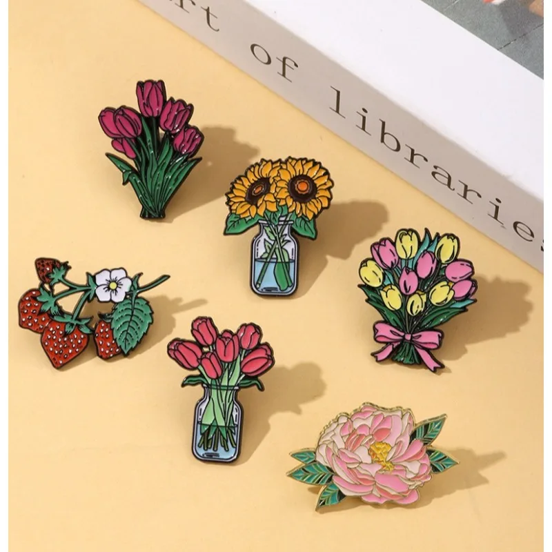 Exquisite Peony Brooch Alloy Enamel Pin Decoration Tulip Strawberry Sunflower Badge DIY Clothes Bags Shoes Hat Scarf Jeans