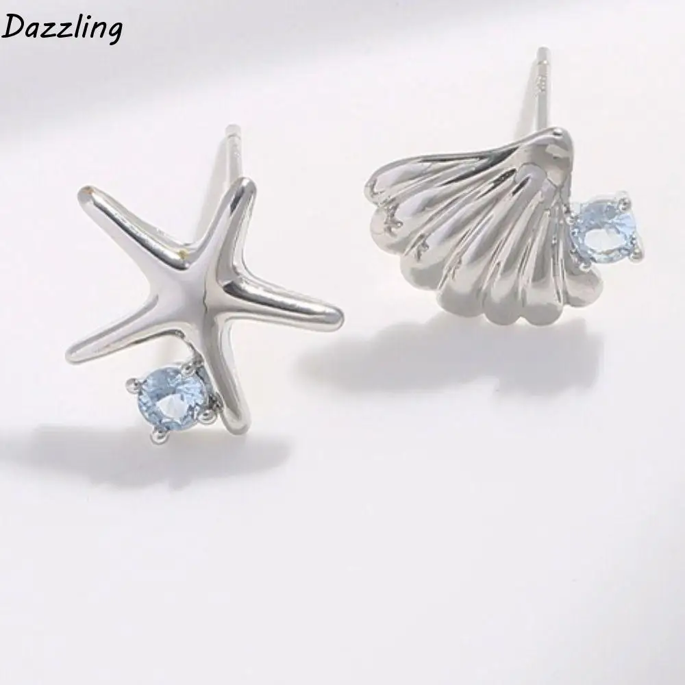 Delicate Shell Starfish Earrings Beach Style 925 Sterling Silver Asymmetry Stud Earrings Fine Jewelry Blue Zircon