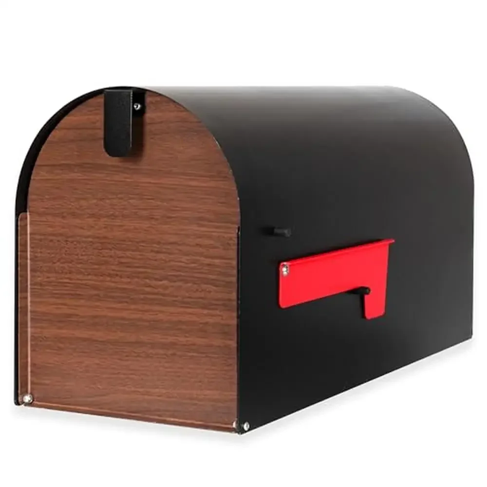 

Modern Black Metal Mailbox with Wood Pattern Door Heavy Duty Steel Post Mount Outdoor Mail Box Weather Resistant Design Spacious