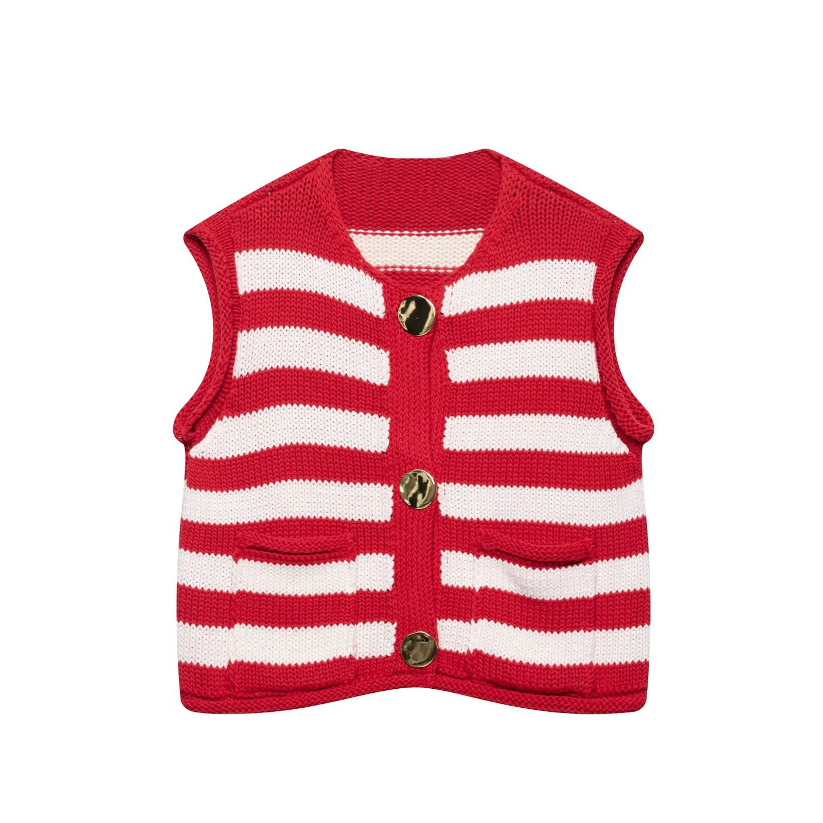 

Striped Knitted Sweater Women Fashion Casual Crop Tank Top Sleeveless Button Up Pocket O-Neck Cardigan Jumper 2025 New Summer