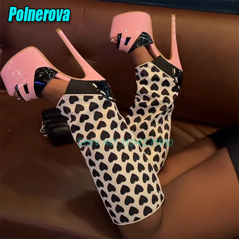 

Sexy Peep Toe Platform Sandals Knee High Boots Heart Polka Dots Patchwork High Heels Summer Fashion Women Party Runway Shoes