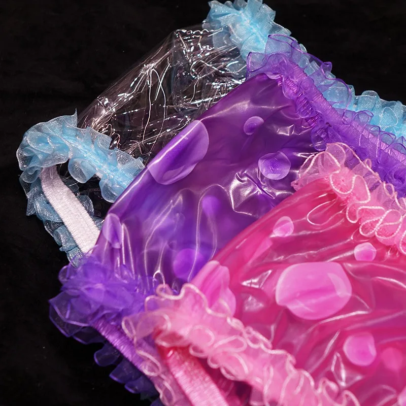 Nuovo Slip a Triangolo in PVC Trasparente Impermeabile Viola con Texture a Bolle e Bordo in Pizzo, Vita Media, Anti-perdita, Lingerie in Plastica da Donna