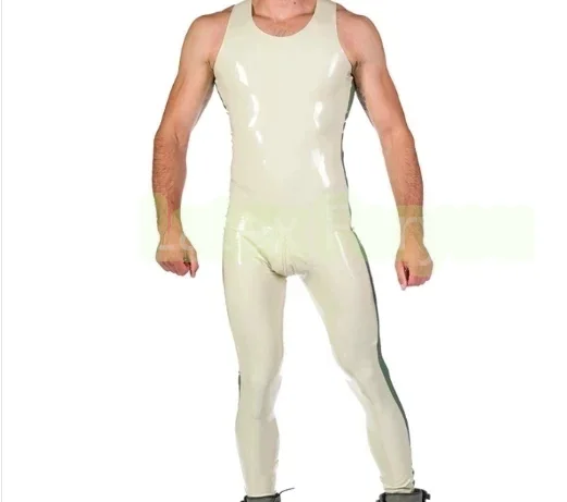 Handmade Latex Rubber Sleeveless Catsuit White with Green Strips Latex Catsuit Sling Latex Bodysuit Suit Anzug Tight  Crotch Zip