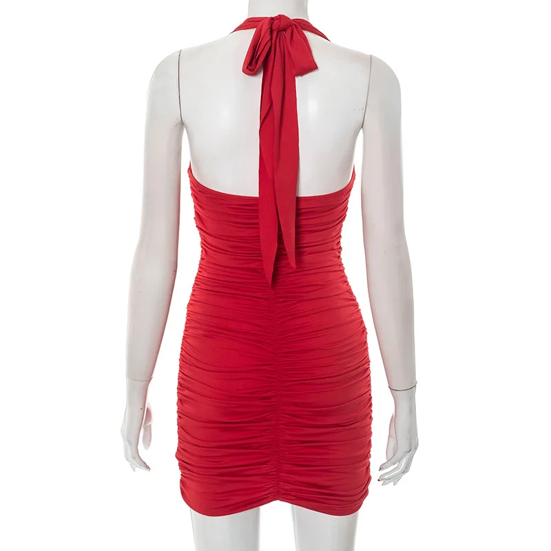 Metalowa Klamra w Kształcie Serca, Wycięta, Marszczona Sukienka Mini Bodycon Damska, Seksowna, Jednolita, Sznurowana, Bez Pleców, Wyszczuplająca, Imprezowa, Klubowa, Vestidos