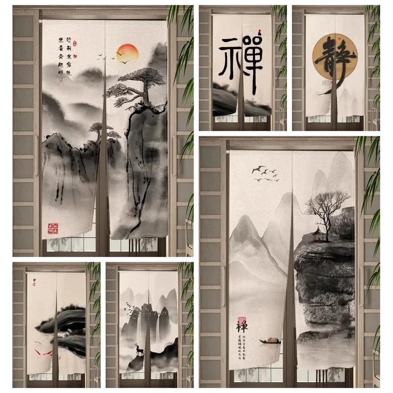 VIKAMA Chinese Ink Landscape Noren Door Curtain Mountain Sunset Pine Tree Calligraphy Print Fabric Room Divider Curtain