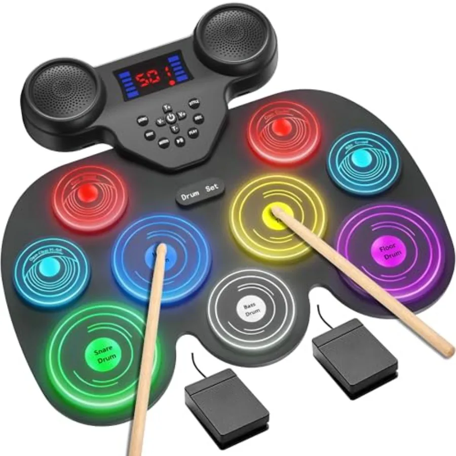 

Electric Drum Set with 7 Colorful LED Light Patterns Better Rebound Feel Electronic Drum Kit Featuring Bluetooth MIDI 9 Drum Pa