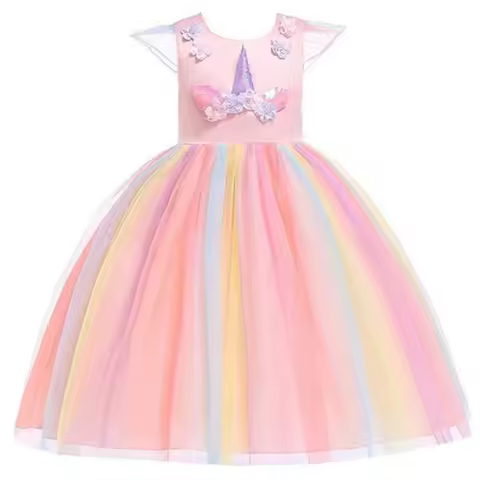 Halloween Christmas Girls Princess Dress Rainbow Mesh Unicorn Dress Flower Girl Dress Carnival Birthday Evening Dress