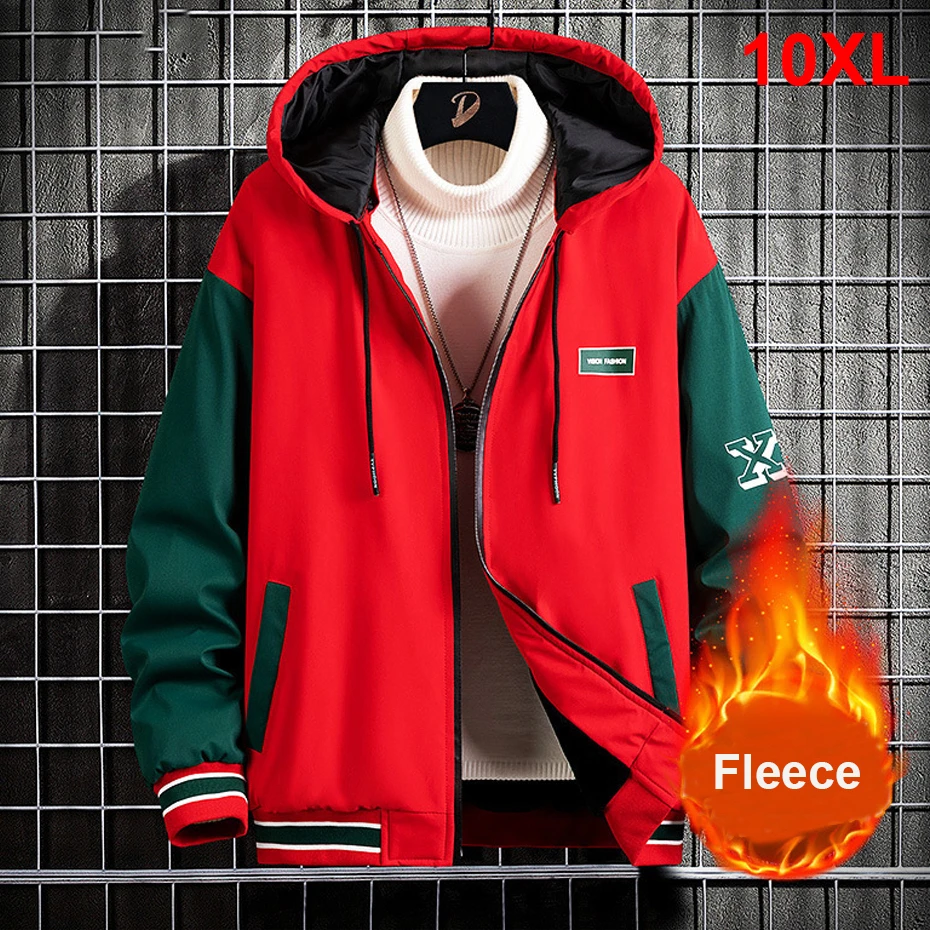 Autumn Winter Fleece Jacket Men 10XL Plus Size Varsity Jacket Fashion Sleeve Patchwork Coat Male Warm Jackets Big Size 10XL