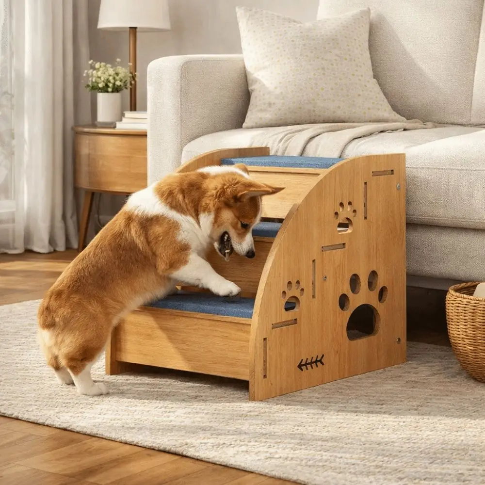 

Non-Slip Wooden Dog Stairs Sturdy Wear-Resistant Pet Steps Removable Safety Railing Pet Climbing Ladder for High Beds Sofas