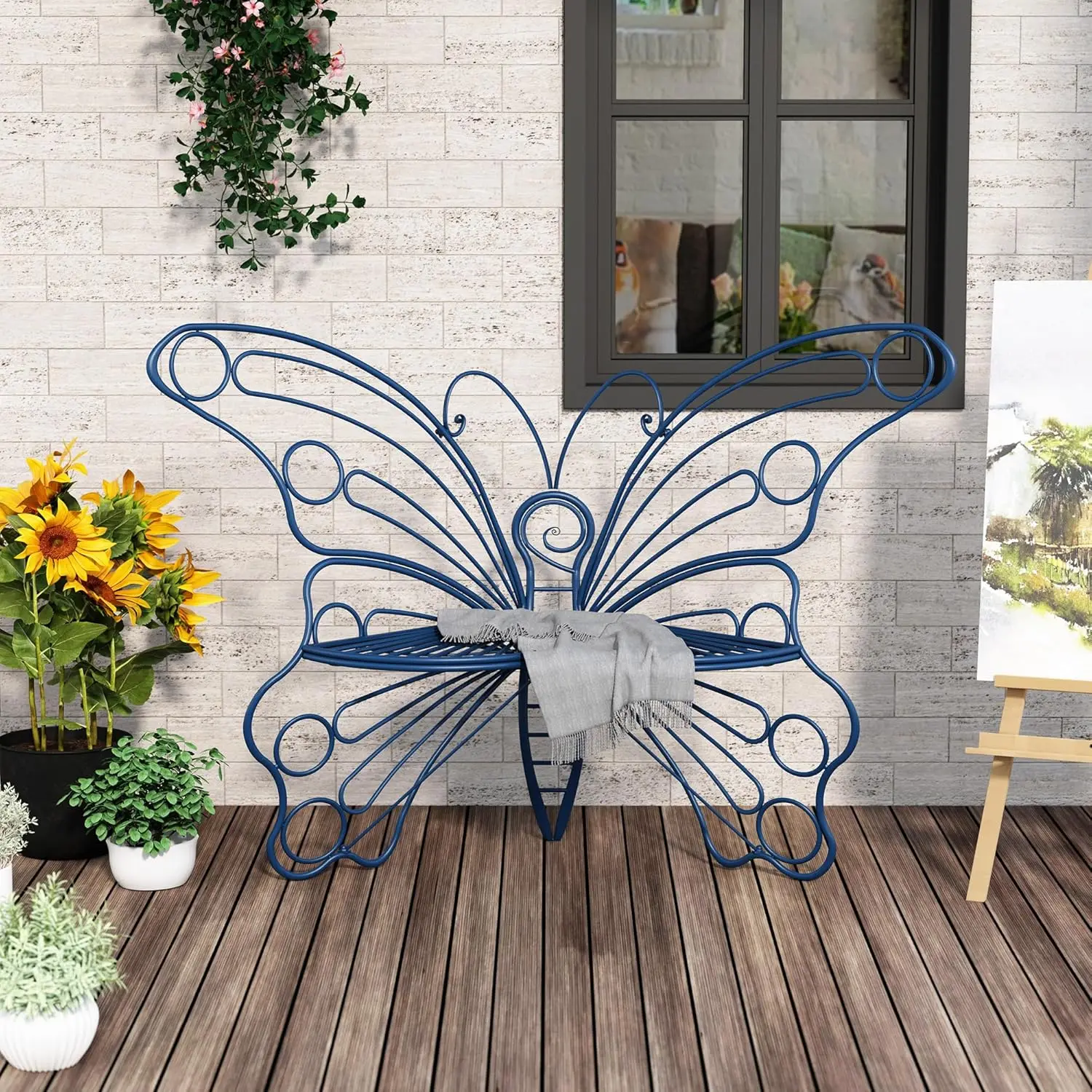 

50 Inches Outdoor Bench, Garden Bench with Sturdy Iron Metal Frame, Pretty Butterfly Bench Front Porch Bench for Porch,Lawn