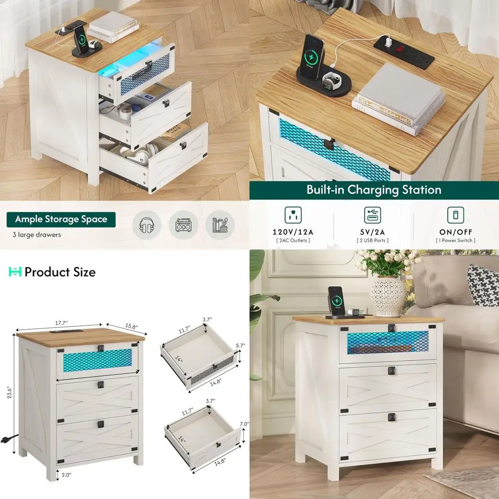 

Vintage White Rustic 3-Drawer Nightstand with Charging Station & LED Lights for Bedroom