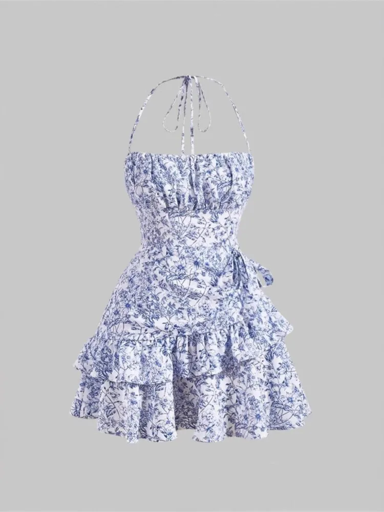 

2025 Summer Style Halter Neck Strap Floral Ruffle Waist-hugging Dress Suspender Women's Short Skirt Fashionable Sexy Mini Dress