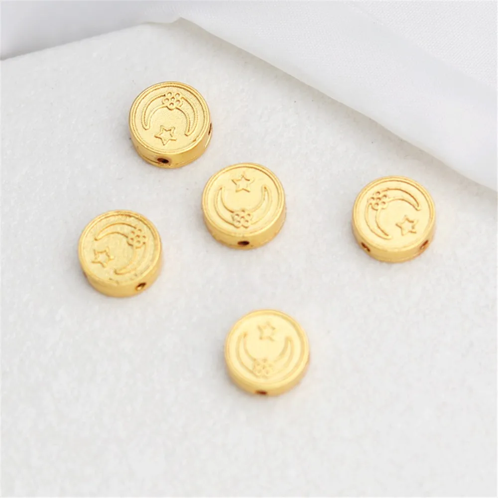 Flat Bead for DIY Bracelet, 18K Gold, Matte Gold, Through-hole, Double-sided, Sun, Moon, Star, 10mm, Separated, Gasket Accessory