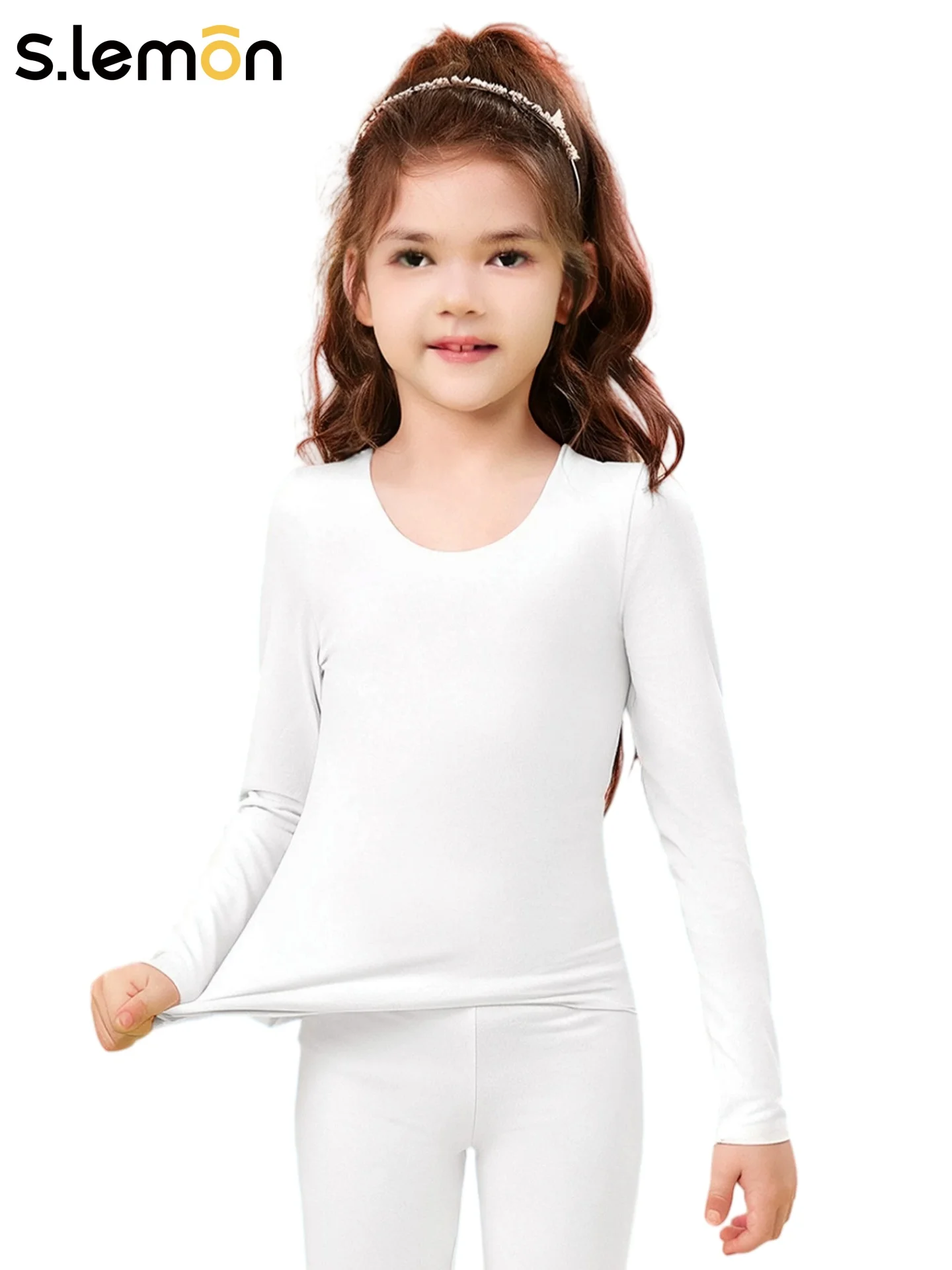 Girls Dance Thermal Top Kids Base Layer Underwear White Fleece Lined Ballet Undershirt Autumn Winter Invisible Long Sleeve