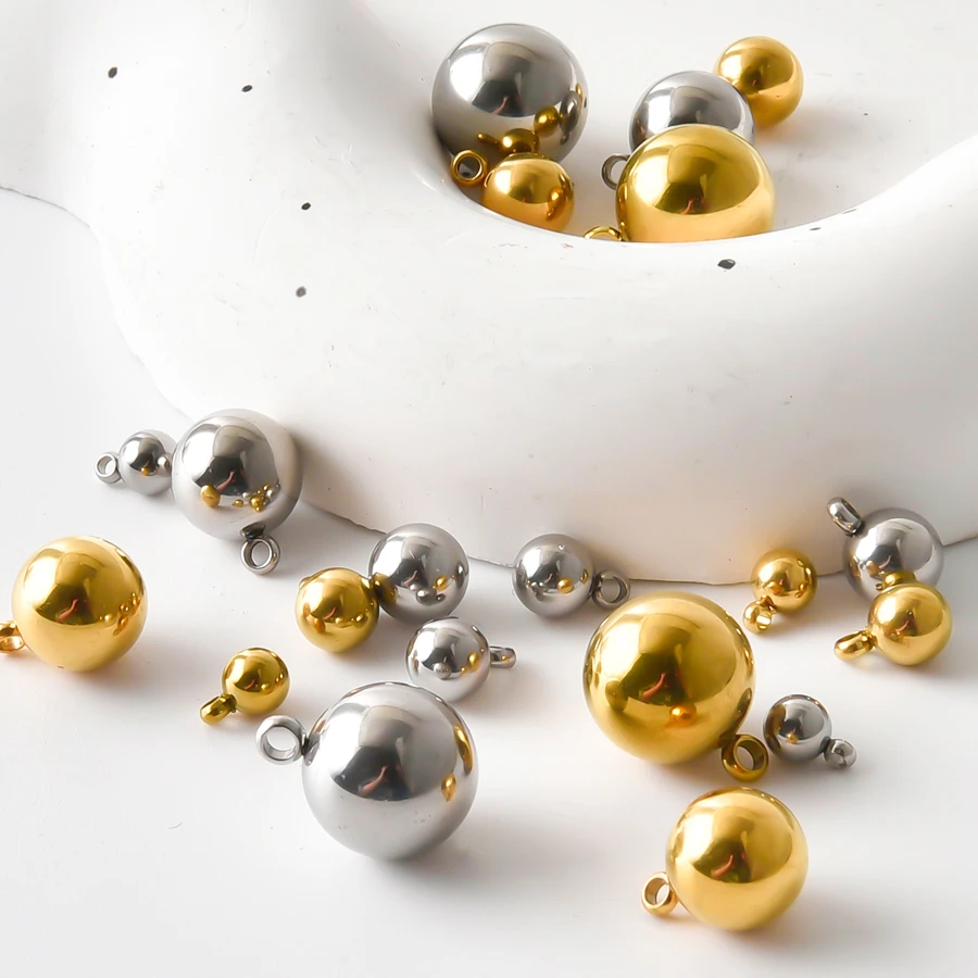 6Pcs 4-10mm 18K Gold Plated Punk Solid Ball Base Charms For Bracelet Jewelry Making No Fade Geometric Round Pendant Wholesale