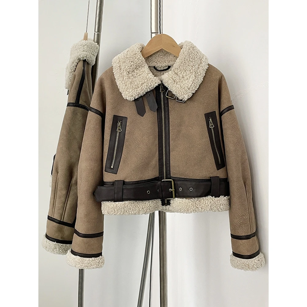 เสื้อแจ็คเก็ตมอเตอร์ไซค์สไตล์เรโทร ทำจากหนังแท้และขนแกะ  รุ่นใหม่ล่าสุดสำหรับฤดูใบไม้ร่วงและฤดูหนาว